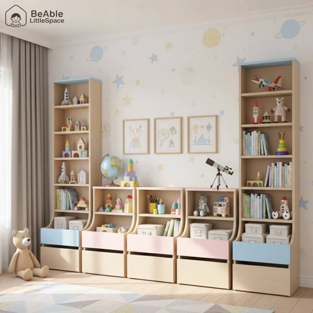 ชั้นวางของโล่งสำหรับเด็ก ทรงสูง 6 ชั้น BEABLE LITTLESPACE ลิ้นชัก 1 ลิ้นชัก 45 ซม. สีไม้ธรรมชาติ/ชมพู